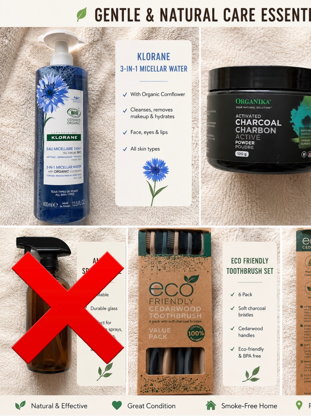 Klorane Micellar Water
Organic Toothbrushes
Charcoal powder